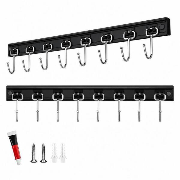 2-Pack 17 in. Black Aluminum Hanging Utensil Racks with 8 Hooks for Kitchen, Multifunctional, Wall Mounted