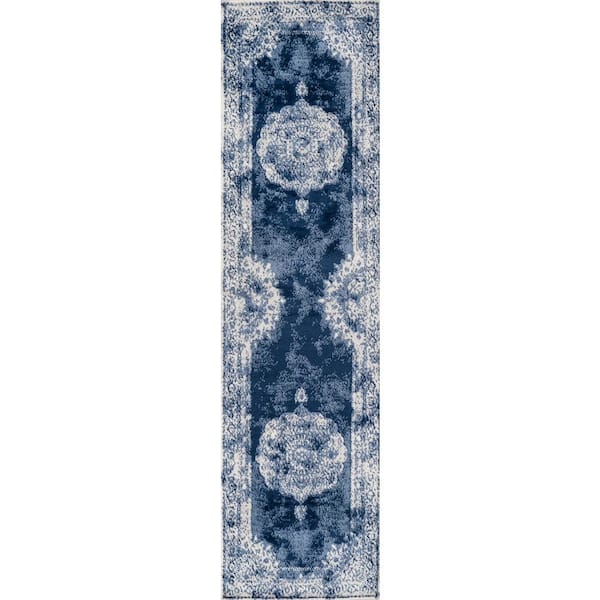 Rosalia Cottage Medallion Navy/Ivory 2 ft. x 8 ft. Runner Rug