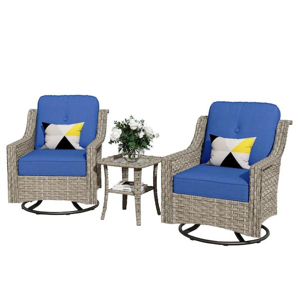 Eureka Grey 3-Piece Wicker Outdoor Patio Conversation Swivel Rocking Chair Seating Set with Navy Blue Cushions