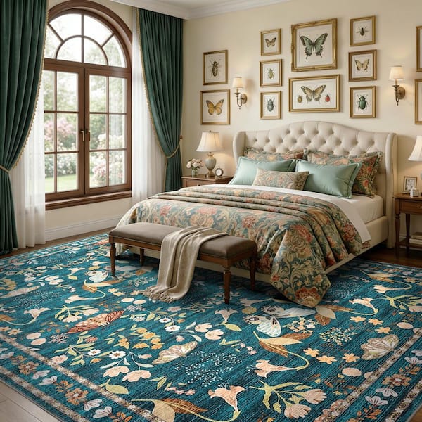 Dark Green 9 ft. X 12 ft. Butterfly Floral Washable Low Pile Non-Slip Stain Resistant, Indoor, Living Room Area Rug