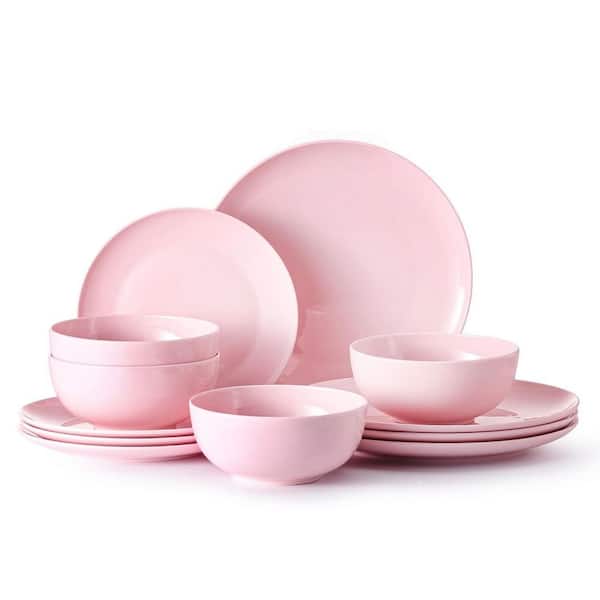 12-Piece Pink Lightweight Porcelain Dinnerware Set (Service for 4), Durable Scratch Resistant, Microwave Safe