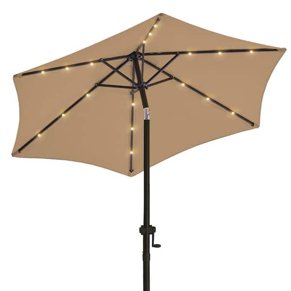 wikiwiki 7.5 ft. Solar LED Lighted Market Patio Umbrella with Crank and Tilt in Tan