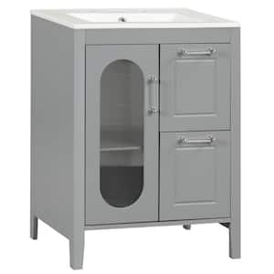 24 in. W x 18.3 in. D x 33.2 in. H Single Sink Bath Vanity in Gray with White Ceramic Top, Two Drawers and One Door