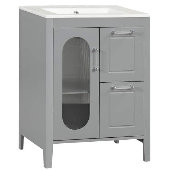 Zeus & Ruta 24 in. W x 18.3 in. D x 33.2 in. H Single Sink Bath Vanity in Gray with White Ceramic Top, Two Drawers and One Door
