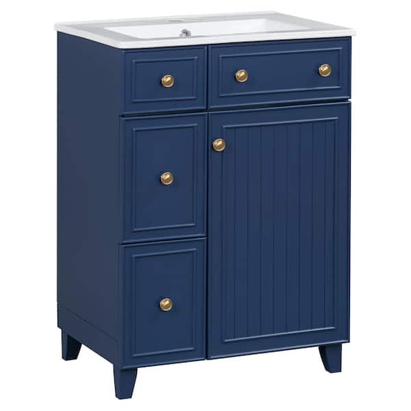 24 in. W x 18.3 in. D x 34.3 in. H Single Sink Bath Vanity in Blue with White Ceramic Top and 2 Drawers