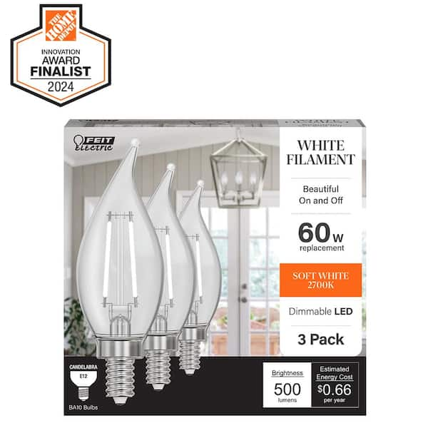 60-Watt Equivalent BA10 E12 Candelabra Dim White Filament Clear Glass Chandelier LED Light Bulb Soft White 2700K(3-Pack)