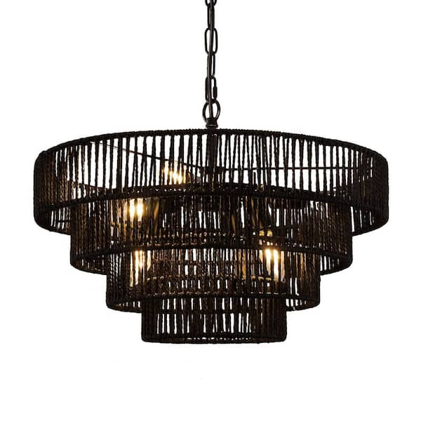 YANSUN 20 in. Boho Chic 6-Light Black Rattan Pendant Chandelier, Vintage Farmhouse Lighting for Home