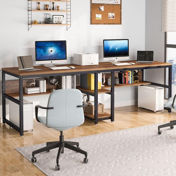 Moronia 78.74 in. Rectangular Brown and Black Wood and Metal Computer Desk 2-Person Desk with Storage Shelf for Office