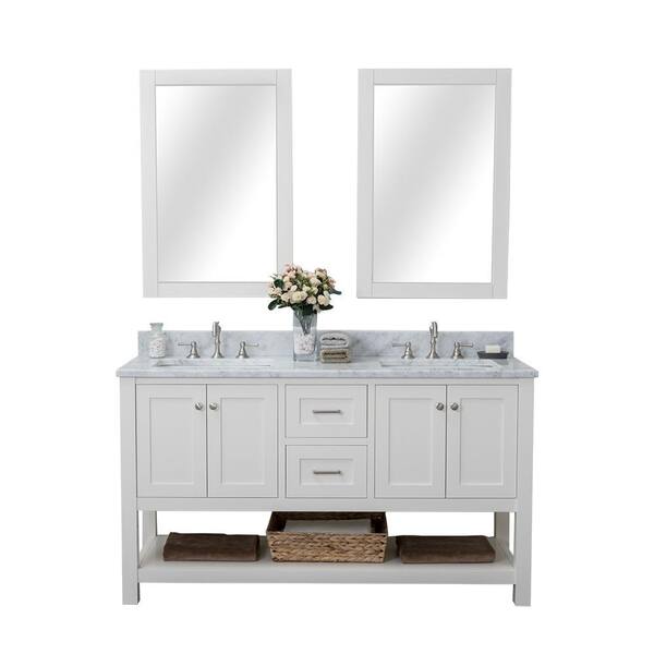 Unbranded Shoreline 60 in. W x 22 in. D Bath Vanity in Linen White with Marble Vanity Top in White with White Basin and Mirror