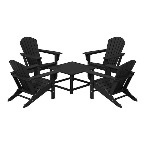 Altura Fade Resistant HDPE Plastic Black 5-Piece Adirondack Chair Outdoor Patio Conversation Set, Square Coffee Table
