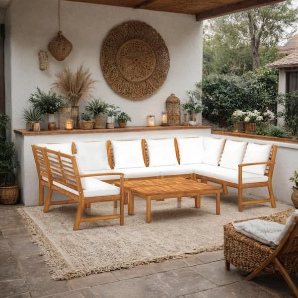 9-Piece Natural Brown Wood Outdoor Modular Sectional Sofa with Table and White Cushion