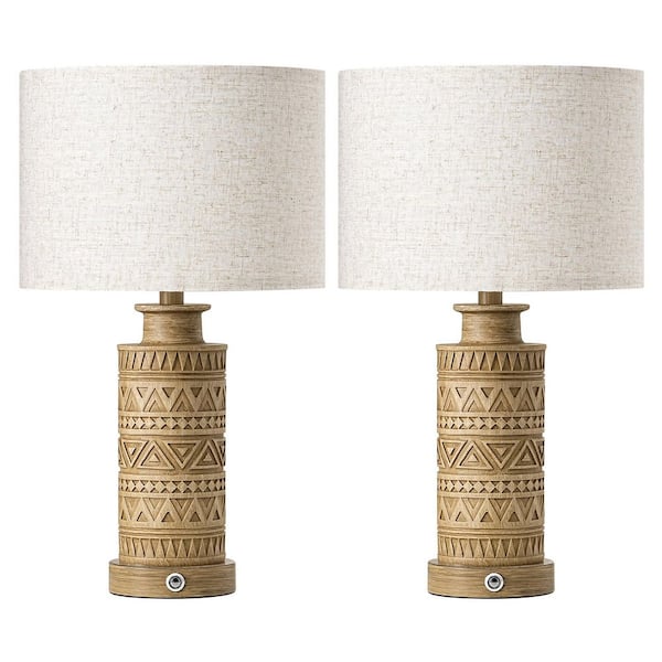 21.5 in. Yellow Carved Base Touch Control 3-Way Table Lamp with 2-USB Ports (2-Pack)