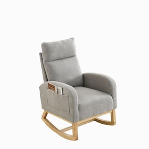 Gray Wood Indoor Outdoor Rocking Chair with White Cushions