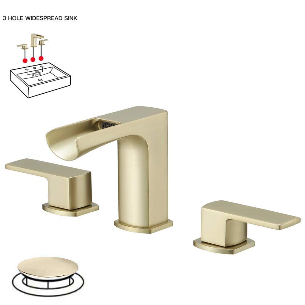Brushed Gold 8-inch Widespread Double-Handle Waterfall Faucet Set