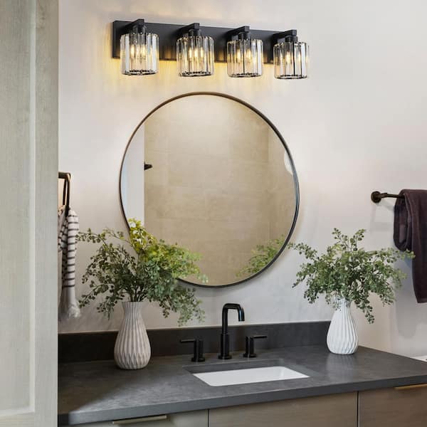 Orillia 28 in. 4-Light Vanity Light with Cylinder Crystal Shade Black Modern Wall Mount Sconce for Bathroom Powder Room