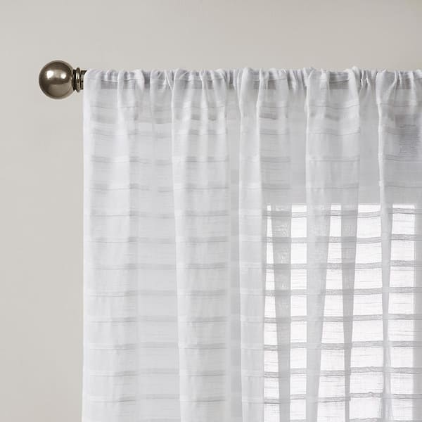 Pleated Stripe White 52 in. W x 84 in. L Rod Pocket Sheer Curtain (Single Panel)