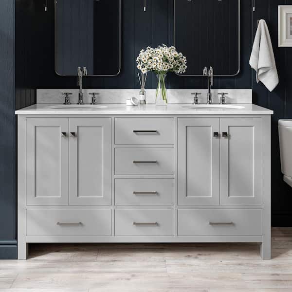 ARIEL Cambridge 61 in. W x 22 in. D x 35.25 in. H Bath Vanity in Grey with White Marble Vanity Top with Basin