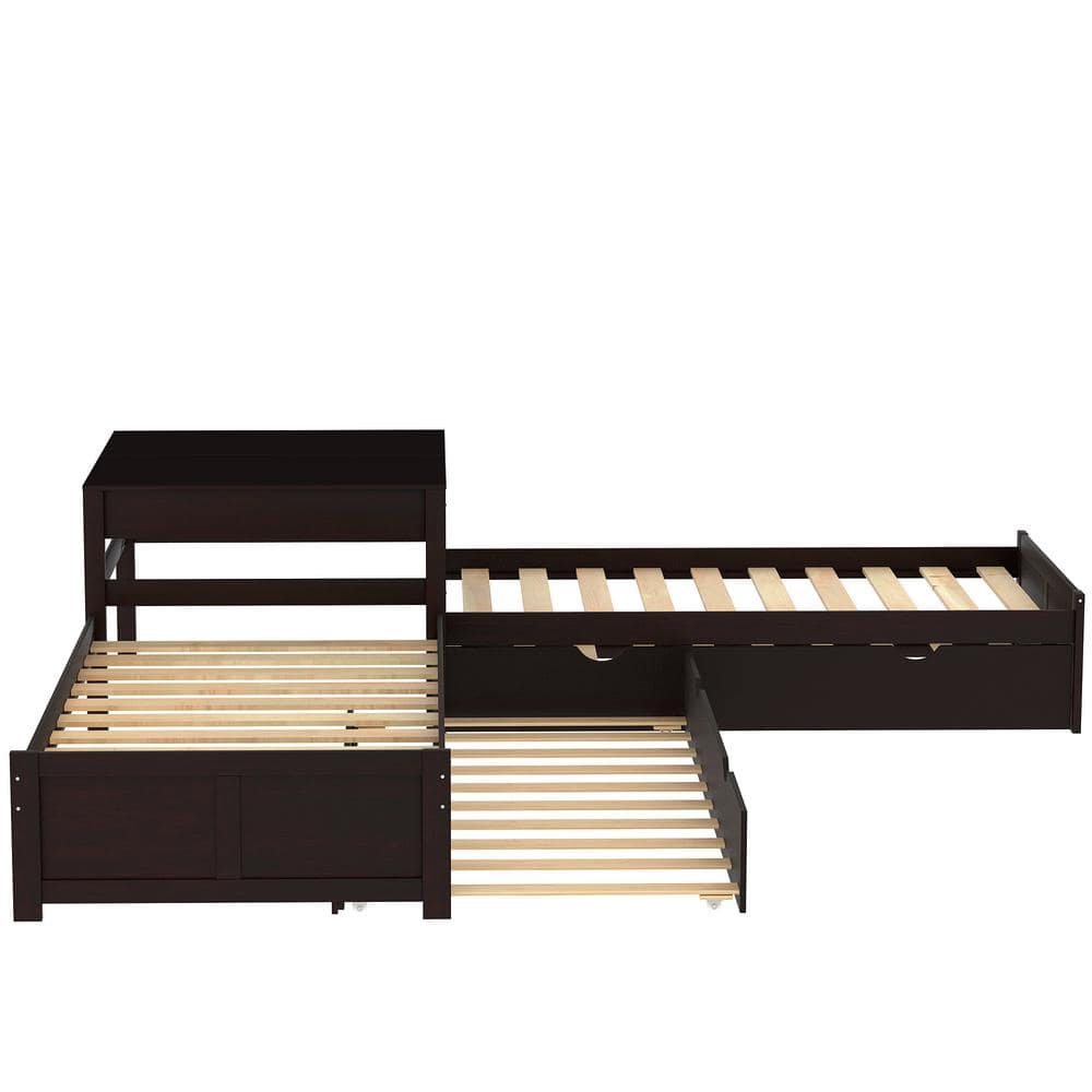 ANBAZAR Espresso Twin Size L-Shaped Platform Bed with Two Trundles and ...