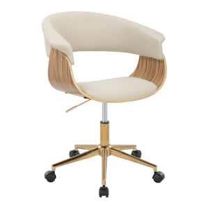 Vintage Mod Fabric Adjustable Height Office Chair in Cream Fabric, Zebra Wood and Gold Metal with 5-Star Caster Base