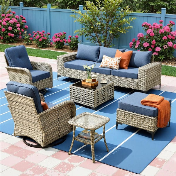 8-Piece Patio Furniture Set All-Weather Sofa Set Gray Wicker Patio Conversation Set w\ Swivel Chair, Denim Blue Cushion