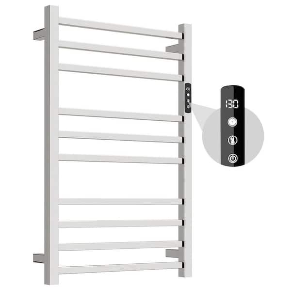 10-Bar Stainless Steel Towel Warmer with Intelligent Touch Screen Timer in White, Wall Mounted Towel for Bathroom