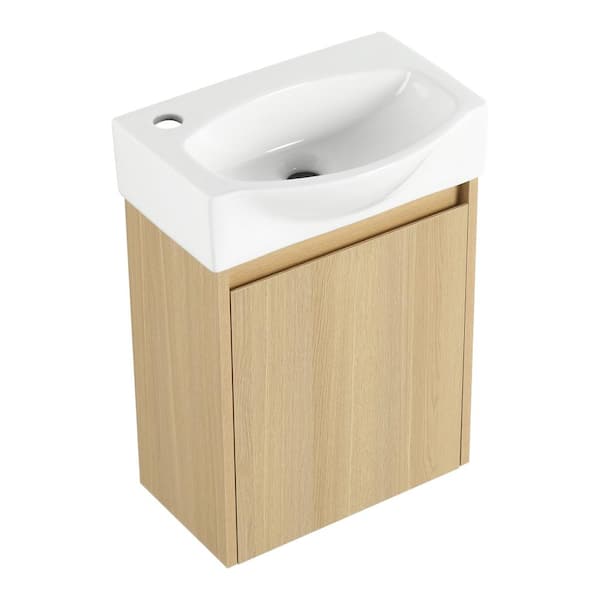 Unbranded 16in. W x 11in. D x 22in. H Modern Wall Floating Bath Vanity with Resin Sink Top in Brown Cabinet, Single Door