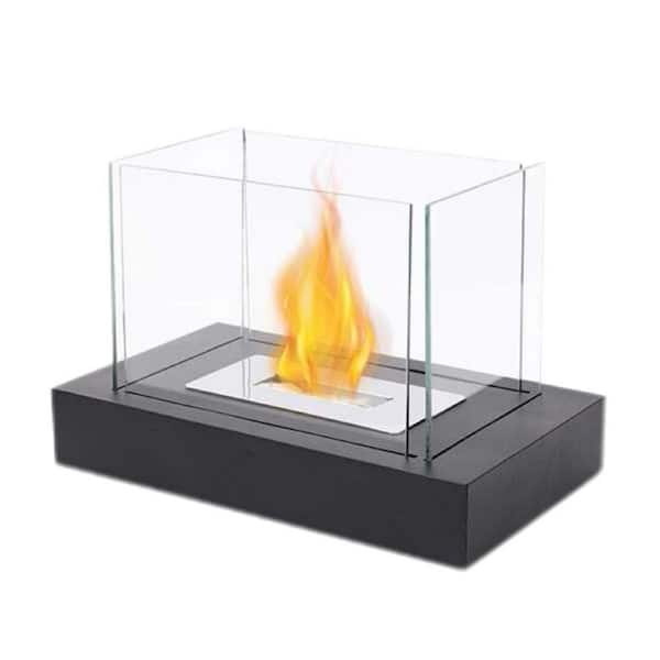13.5 in. Tabletop Ventless Bioethanol Fireplace, Black Square Stainless Steel Burner Gentle Warmth, Real Flame, Portable