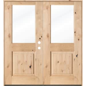 64 in. x 80 in. Rustic Knotty Alder Half-Lite Clear Glass Unfinished Wood Left Active Inswing Double Prehung Front Door