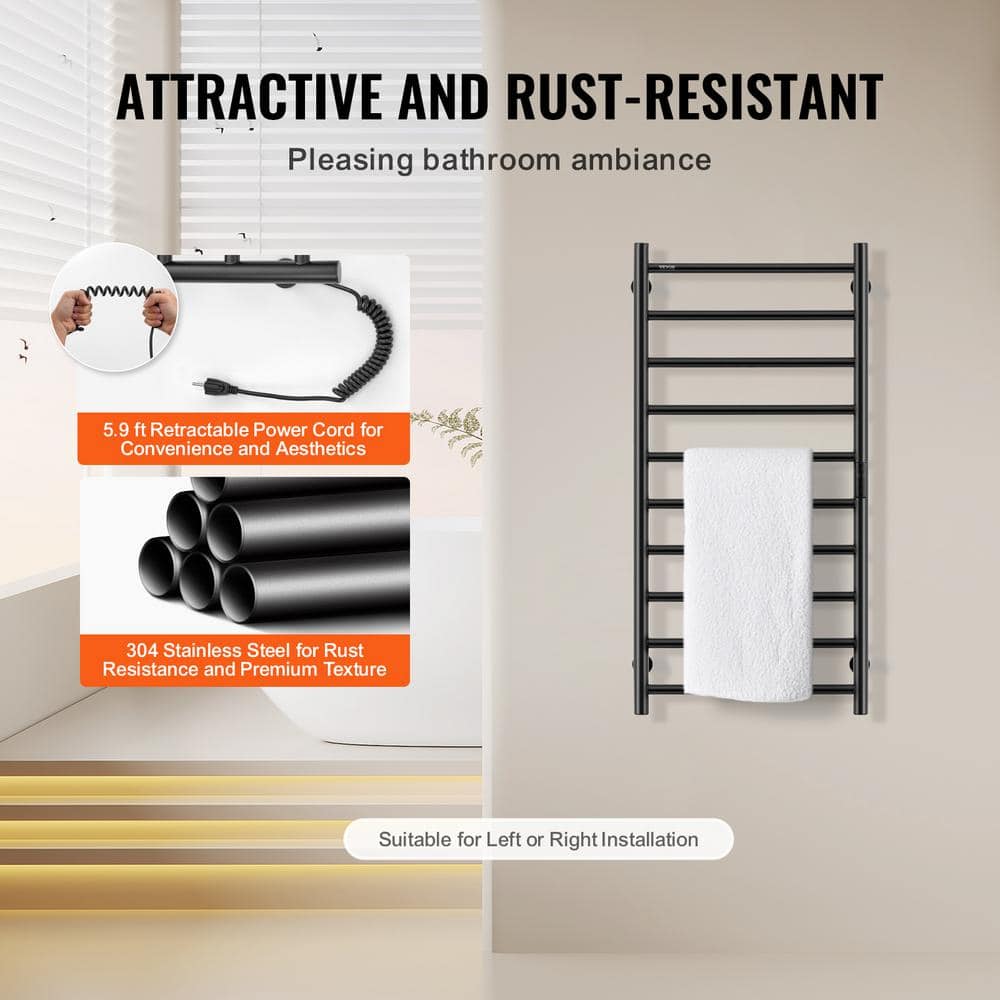 Black Stainless Steel 10-Bar Wall Mounted Heated Towel Rack