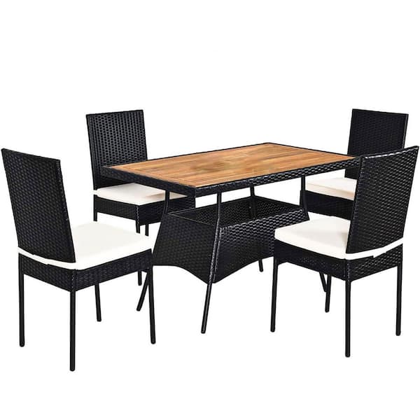 SKONYON 5-Piece Wicker Outdoor Dining Set with White Cushions