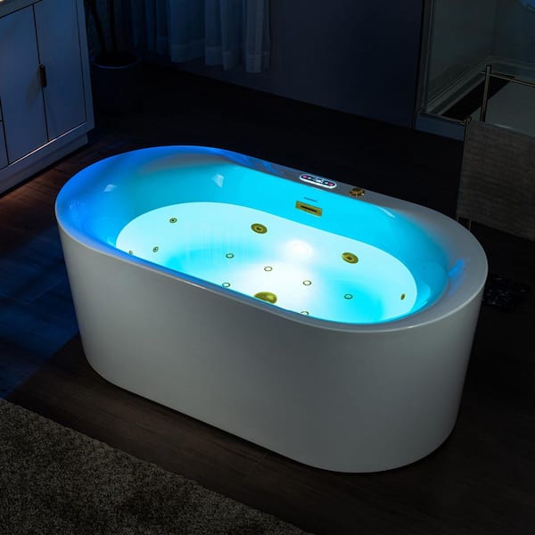59 in. x 31.5 in. Acrylic Flatbottom Freestanding Whirlpool and Air with Inline Heater Bathtub in White with Gold Trim