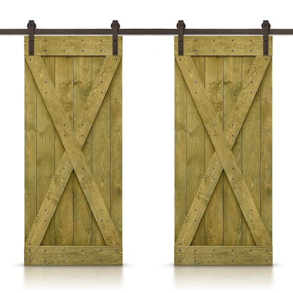 CALHOME X Series 76 in. x 84 in. Pre-Assembled Jungle Green Stained Wood Interior Double Sliding Barn Door with Hardware Kit