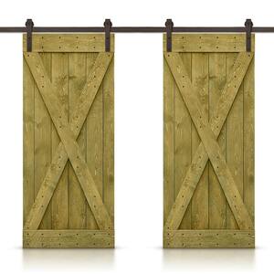 84 in. x 84 in. X Series Jungle Green Stained Solid Knotty Pine Wood Interior Double Sliding Barn Door with Hardware Kit