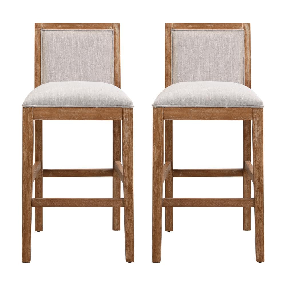 Modern Beige Fabric Counter Stools with Rubberwood Frame, Set of 2
