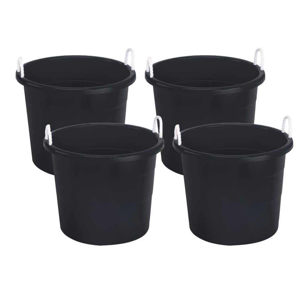 Set of 4 Black Large Plastic Utility Storage Buckets with Rope Handles
