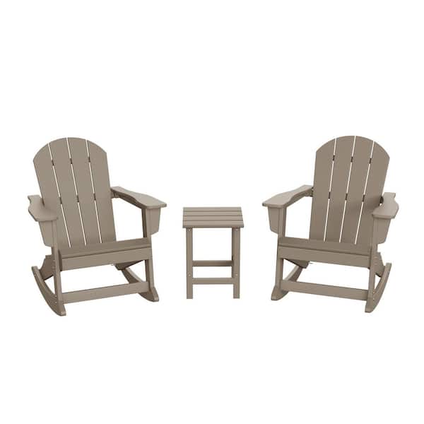 Laguna 3-Piece Fade Resistant Outdoor Patio HDPE Poly Plastic Adirondack Rocking Chair, Side Table Set, Weathered Wood