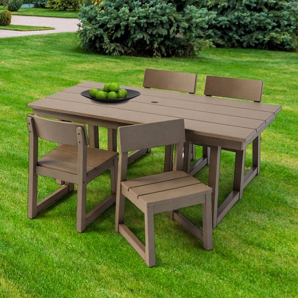 5-Piece Antique Dark Oak Plastic Outdoor Dining Set with Umbrella Hole for Backyard