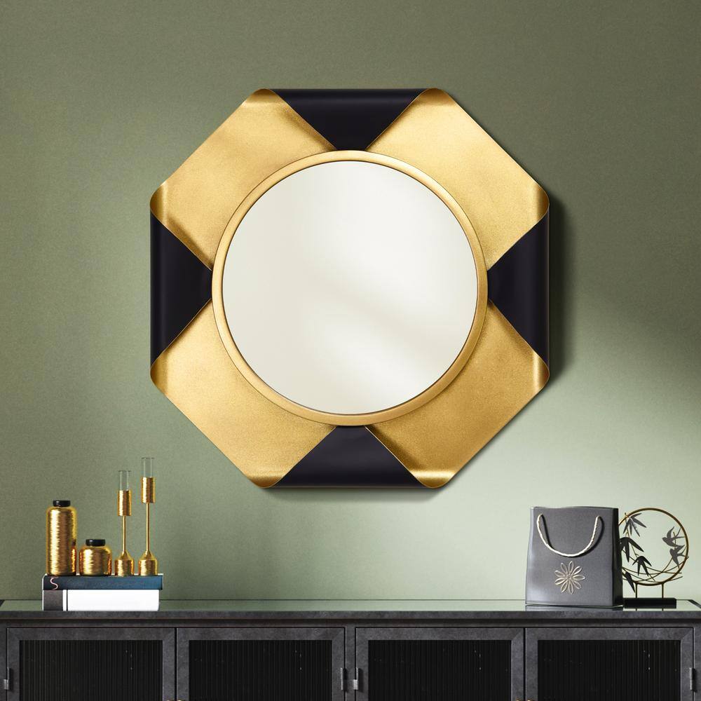 Round Gold Foiled Octagon Vanity Mirror with Curled Metal Frame