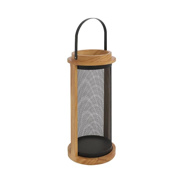 18.25 in. H Light Brown Wood with Metal Lantern Candle Holder