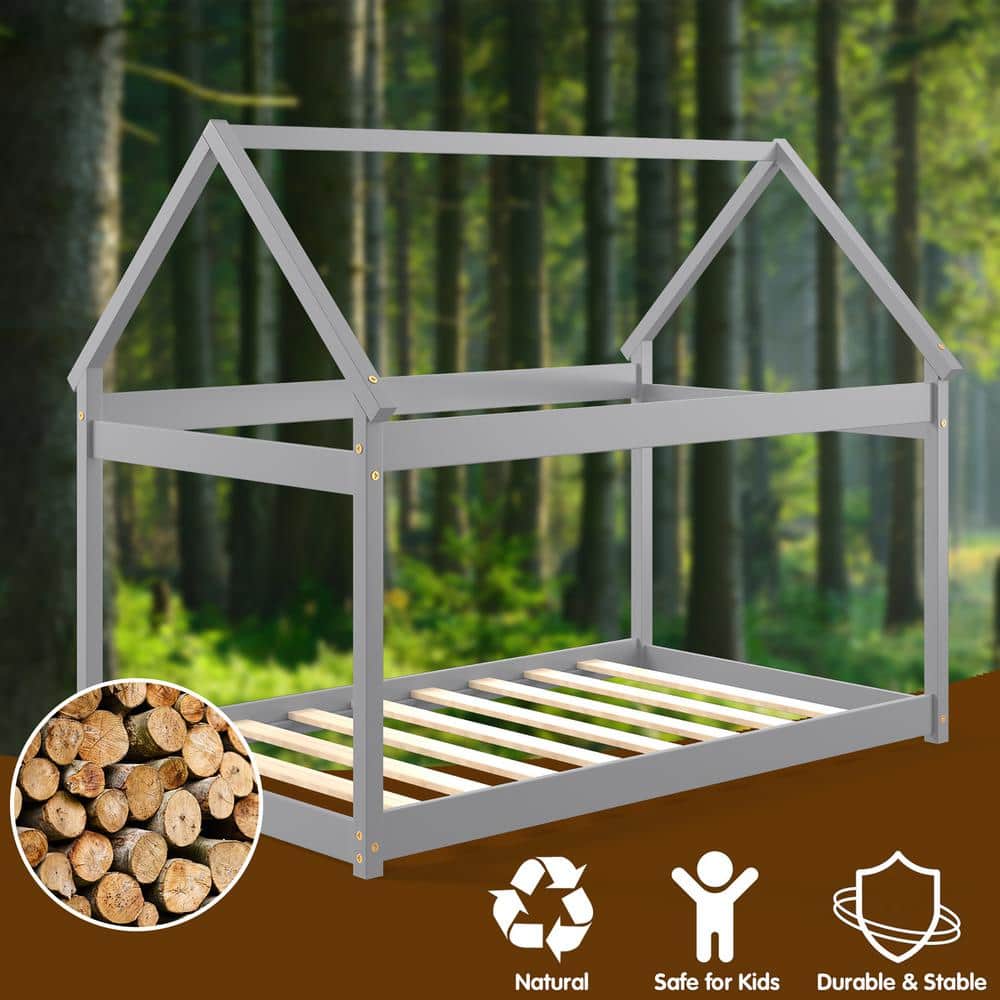 Gray Twin House Bed with Wood Frame and Roof