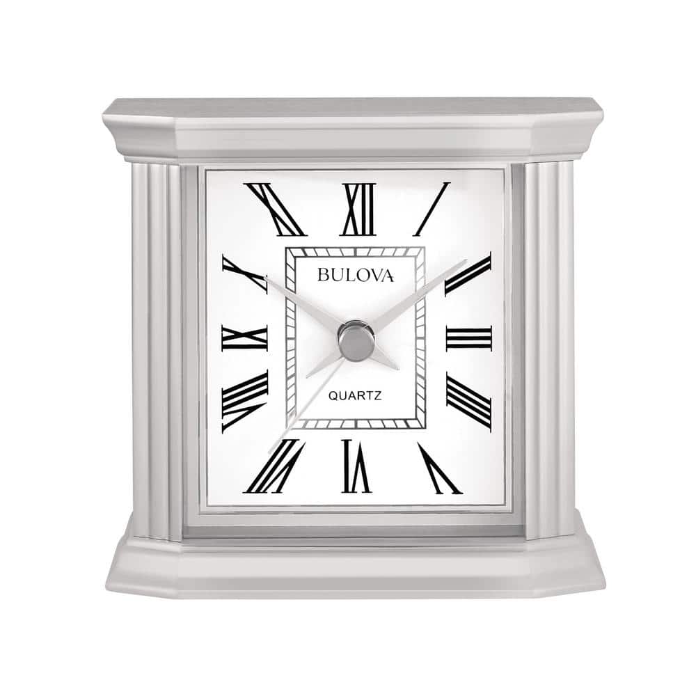 The Wilton tabletop clock in silver with Roman numerals and metal case. Qua