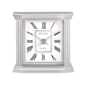 The Wilton tabletop clock in silver with Roman numerals and metal case. Quartz movement and compact design