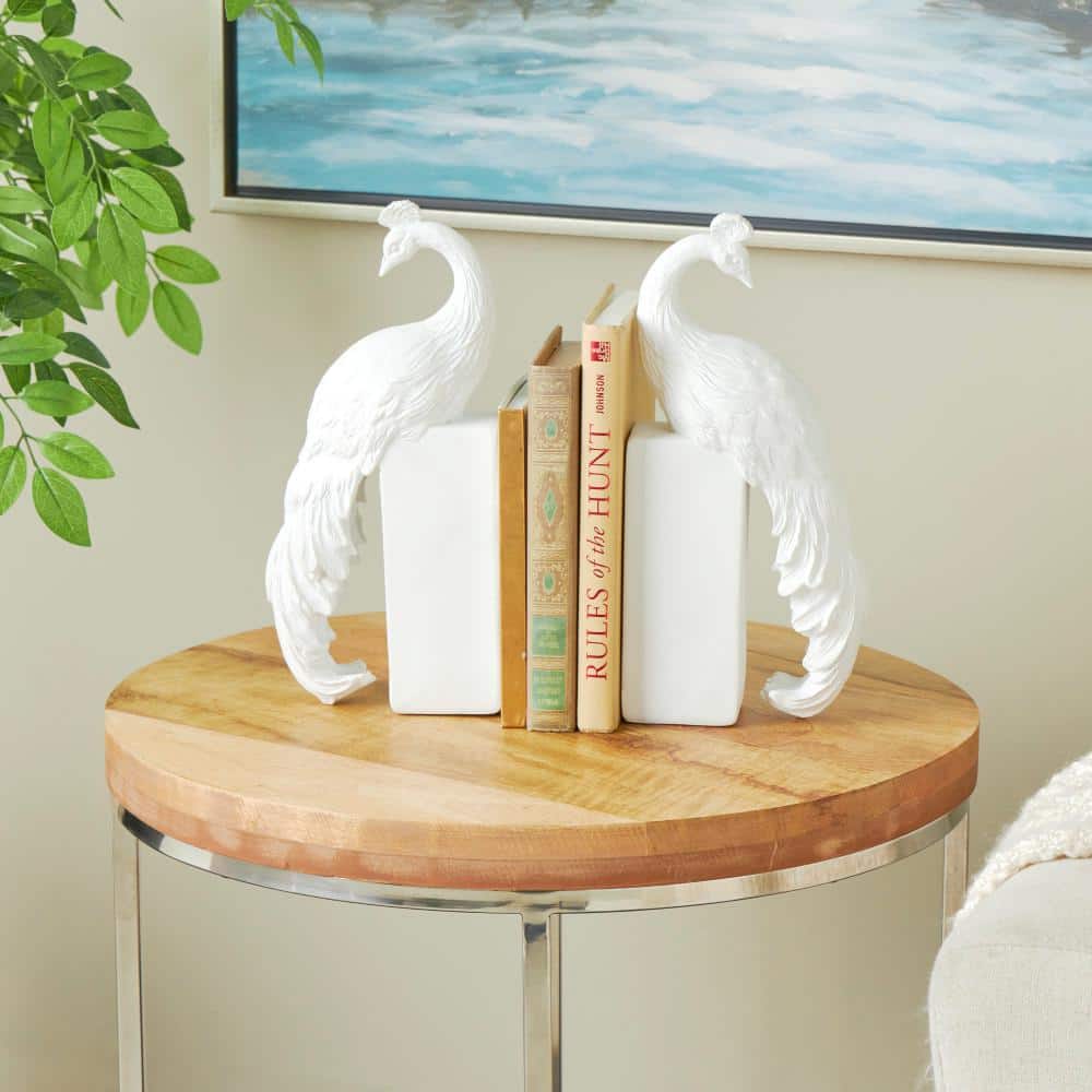 Litton Lane White Resin Textured Peacock Bookends with Tall