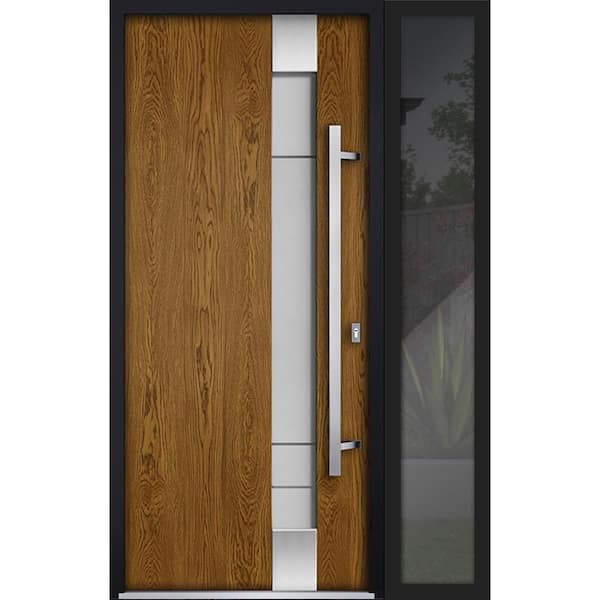 VDOMDOORS 52 in. x 80 in. Left-Hand/Inswing Sidelight Frosted Glass Natural Oak Steel Prehung Front Door with Hardware