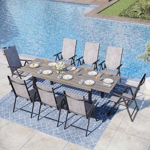 9-Piece Metal Patio Outdoor Dining Set with Extensible Table and Gray Folding Sling Chair