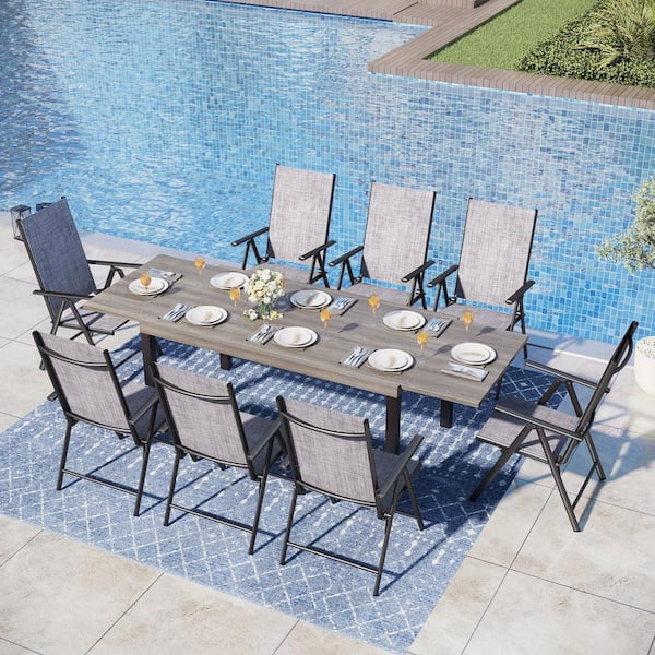 PHI VILLA 9-Piece Metal Patio Outdoor Dining Set with Extensible Table and Gray Folding Sling Chair