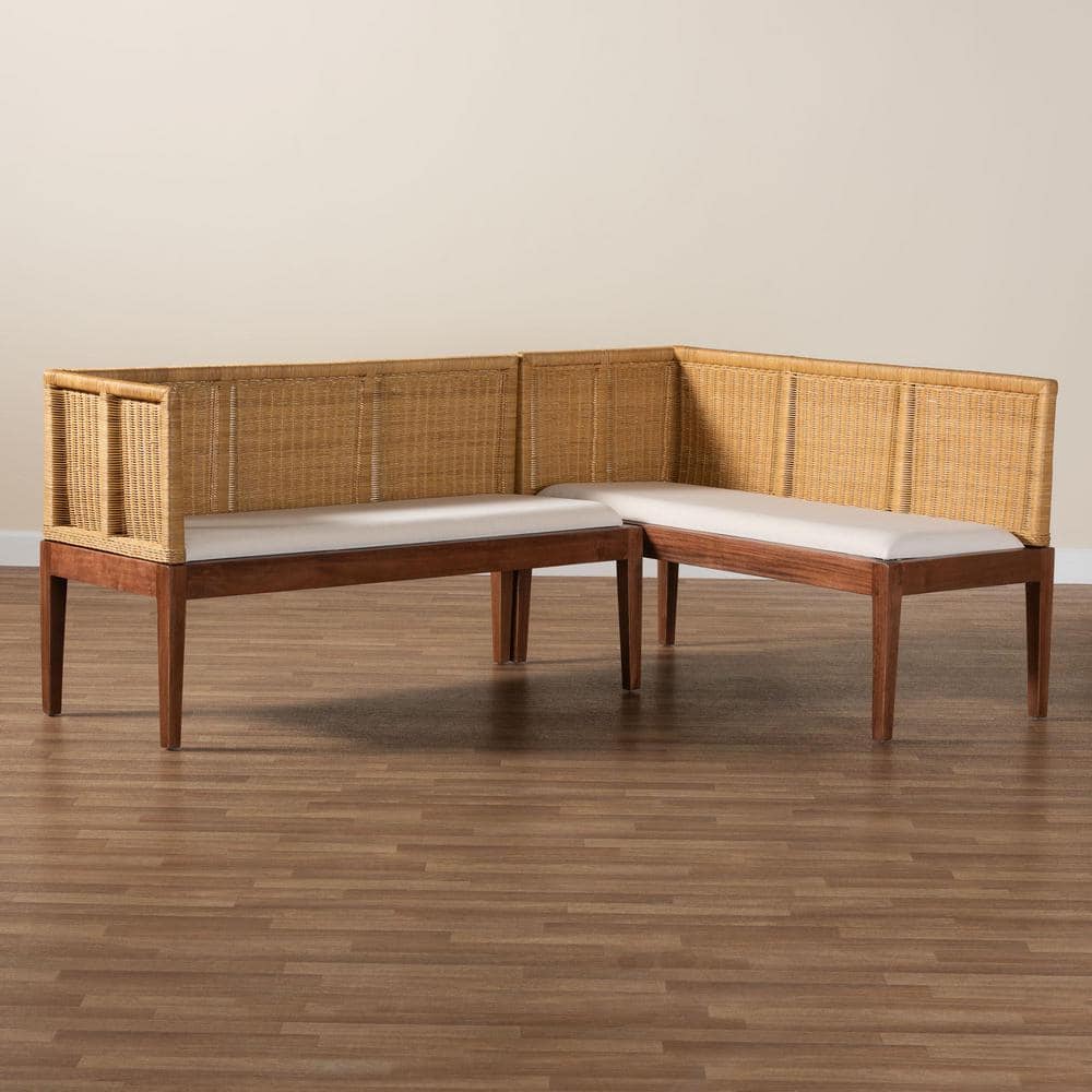 Tabanan Brown Rattan and Acacia Wood 2-Piece Corner Dining Nook Set