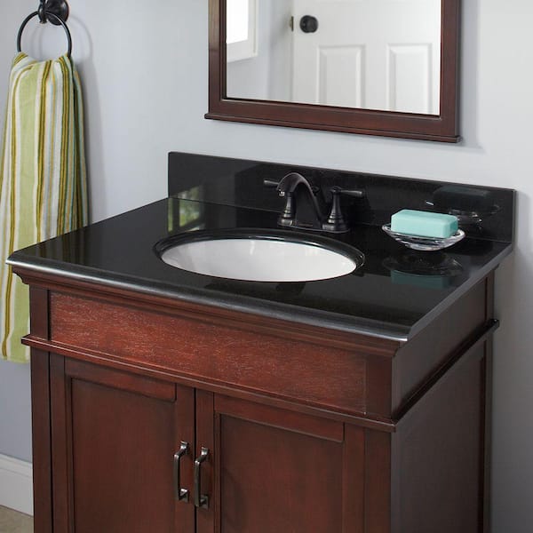 Home Decorators Collection 37 In X 22 Granite Vanity Top Midnight Black With White Bowl And 4 Faucet Spread 17888 The Depot - White Bathroom Vanity With Black Granite Top
