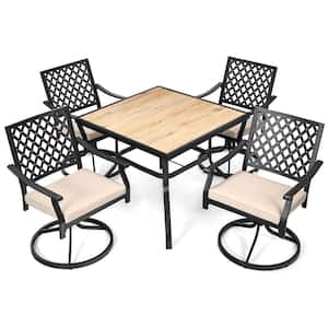 5-Piece Metal Square 29 in. Outdoor Dining Set Table 4 Swivel Chair Rocker with Beige Cushions