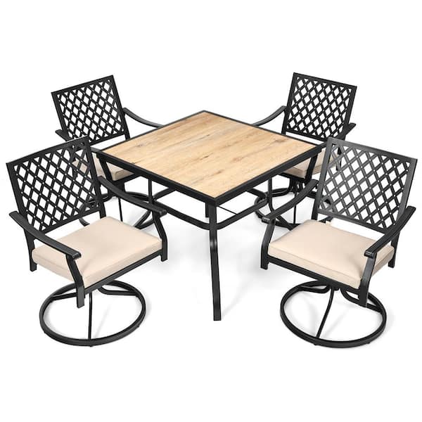 Costway 5-Piece Metal Square 29 in. Outdoor Dining Set Table 4 Swivel Chair Rocker with Beige Cushions